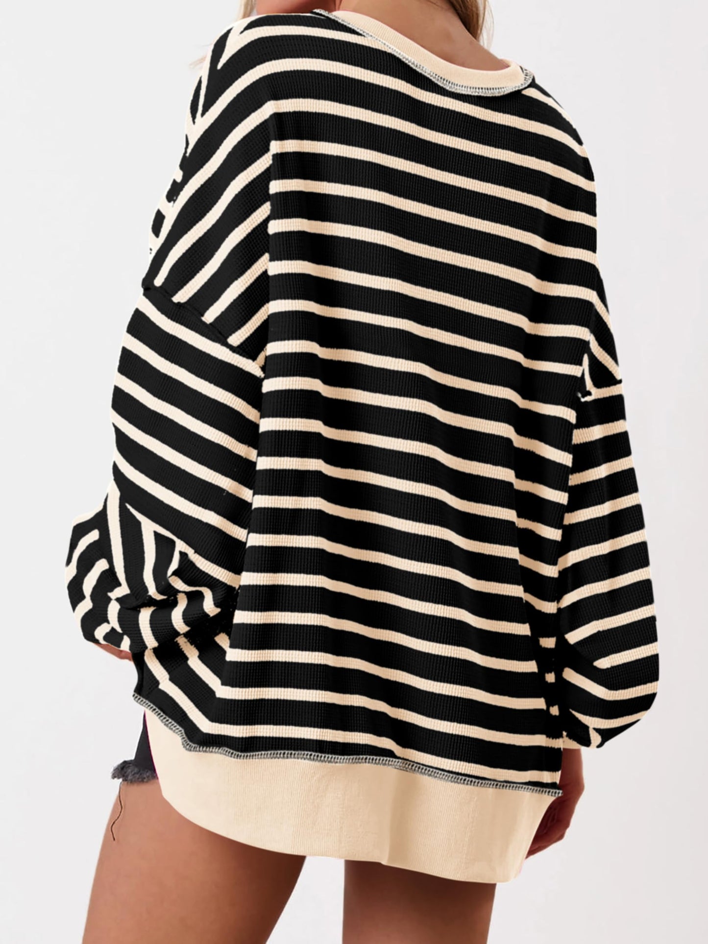 Women's Oversized Striped Button Up Henley Neck Waffle Knit Pullover (Buy 2 Free Shipping)