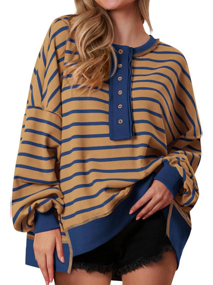 Women's Oversized Striped Button Up Henley Neck Waffle Knit Pullover (Buy 2 Free Shipping)