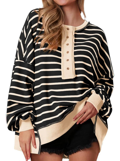Women's Oversized Striped Button Up Henley Neck Waffle Knit Pullover (Buy 2 Free Shipping)