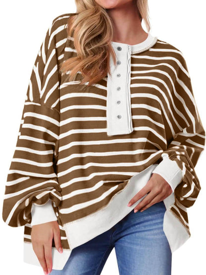 Women's Oversized Striped Button Up Henley Neck Waffle Knit Pullover (Buy 2 Free Shipping)