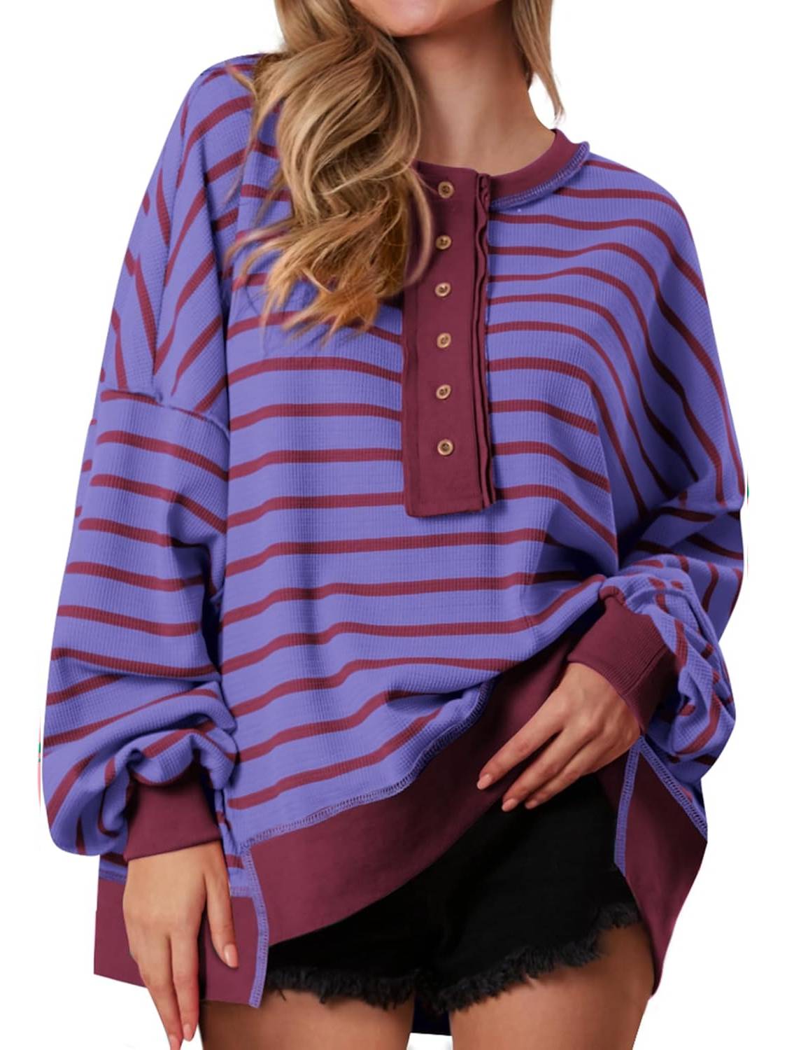 Women's Oversized Striped Button Up Henley Neck Waffle Knit Pullover (Buy 2 Free Shipping)