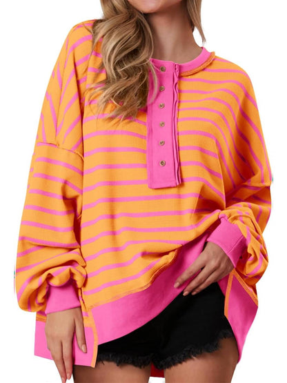 Women's Oversized Striped Button Up Henley Neck Waffle Knit Pullover (Buy 2 Free Shipping)