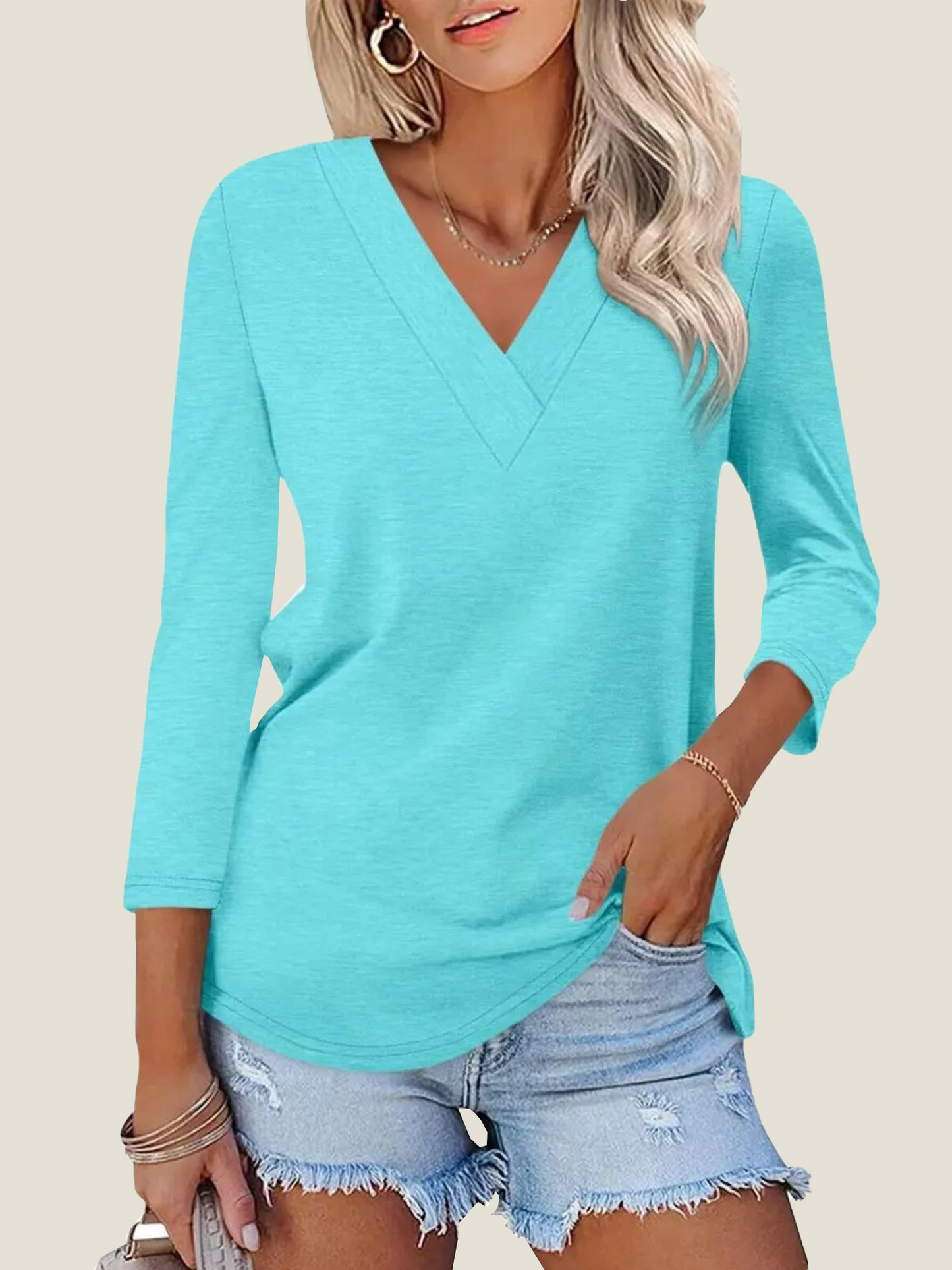 Women's 3/4 Length Sleeves V Neck Basic Tops (Buy 3 Free Shipping)