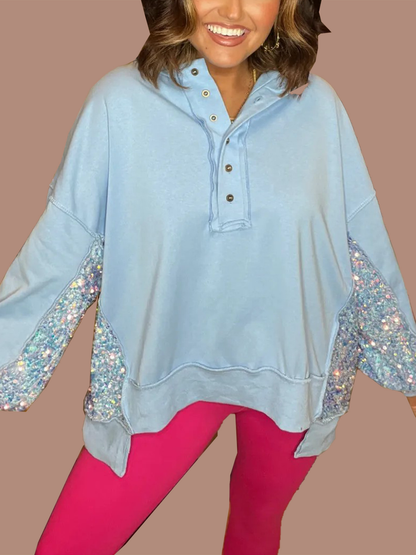 Women's Sequin Colorblock Henley Sweatshirt (Buy 2 Free Shipping)