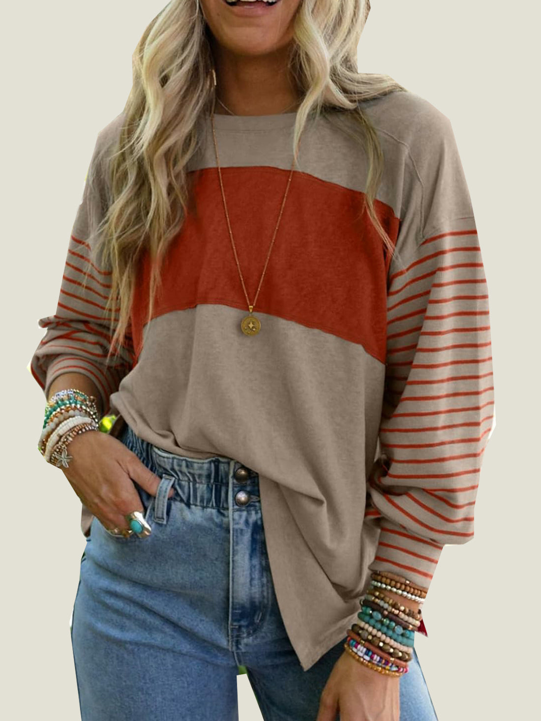 Women's Cute Color Block Long Sleeve Casual Top (Buy 2 Free Shipping)