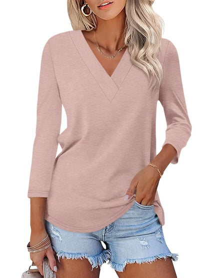 Women's 3/4 Length Sleeves V Neck Basic Tops (Buy 3 Free Shipping)