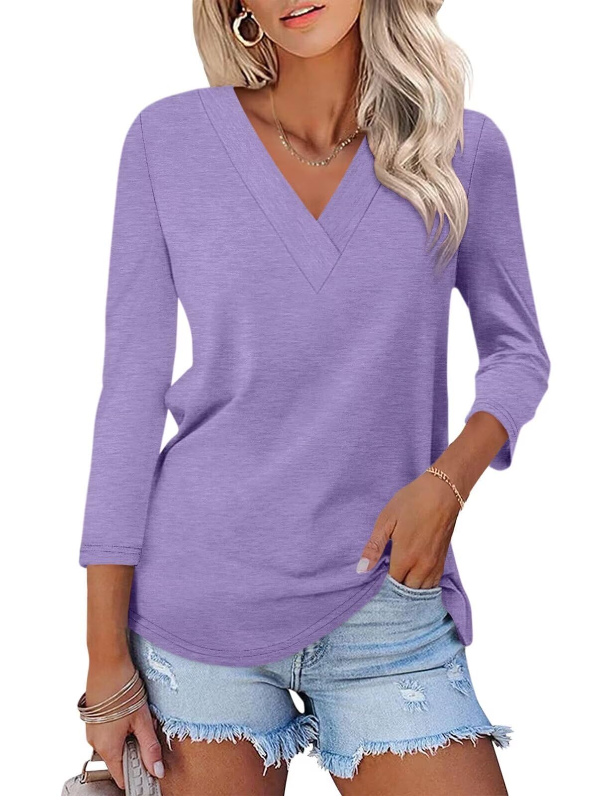 Women's 3/4 Length Sleeves V Neck Basic Tops (Buy 3 Free Shipping)