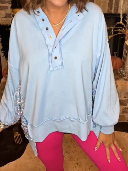 Women's Sequin Colorblock Henley Sweatshirt (Buy 2 Free Shipping)