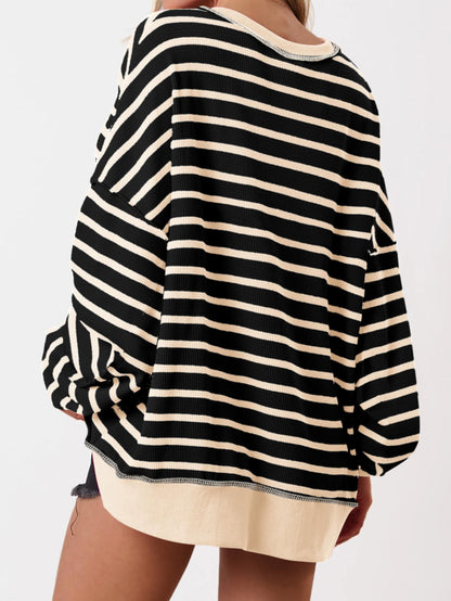 Women's Oversized Striped Button Up Henley Neck Waffle Knit Pullover (Buy 2 Free Shipping)
