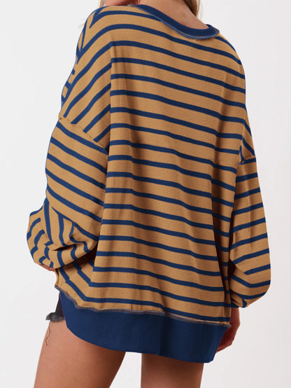 Women's Oversized Striped Button Up Henley Neck Waffle Knit Pullover (Buy 2 Free Shipping)