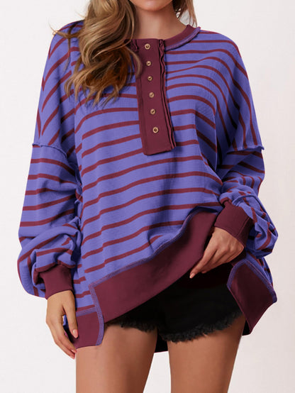Women's Oversized Striped Button Up Henley Neck Waffle Knit Pullover (Buy 2 Free Shipping)