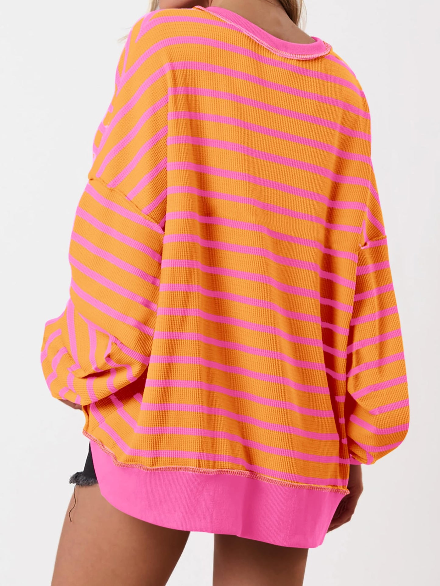Women's Oversized Striped Button Up Henley Neck Waffle Knit Pullover (Buy 2 Free Shipping)