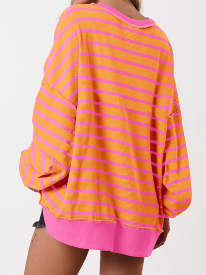 Women's Oversized Striped Button Up Henley Neck Waffle Knit Pullover (Buy 2 Free Shipping)