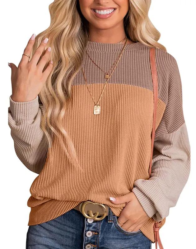 Women's Crewneck Color Block Ribbed Tops (Buy 2 Free Shipping)
